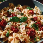 A delicious serving of baked feta pasta topped with cherry tomatoes and herbs.