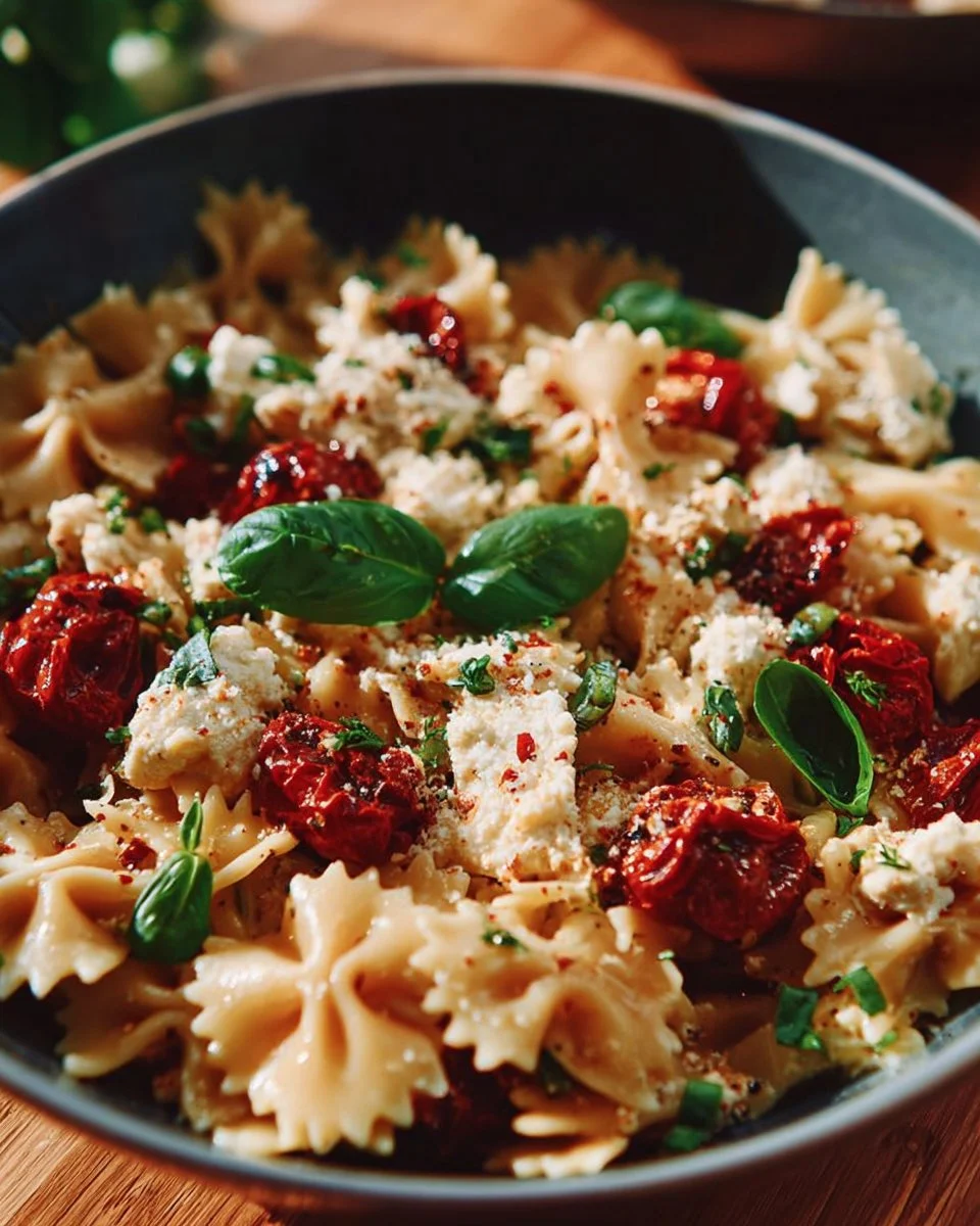 A delicious serving of baked feta pasta topped with cherry tomatoes and herbs.