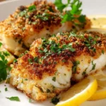 Delicious Parmesan Crusted White Fish served with fresh herbs and lemon.