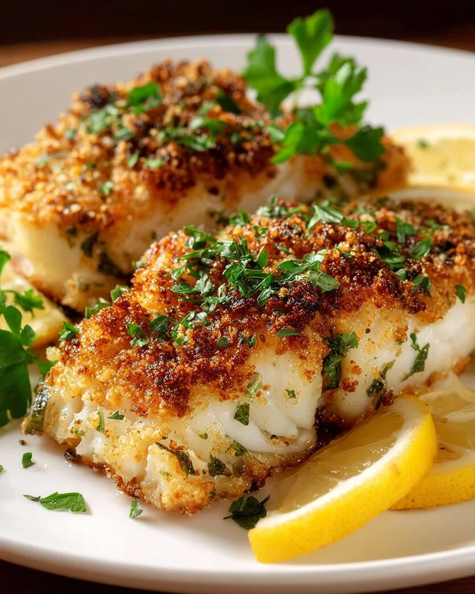 Delicious Parmesan Crusted White Fish served with fresh herbs and lemon.