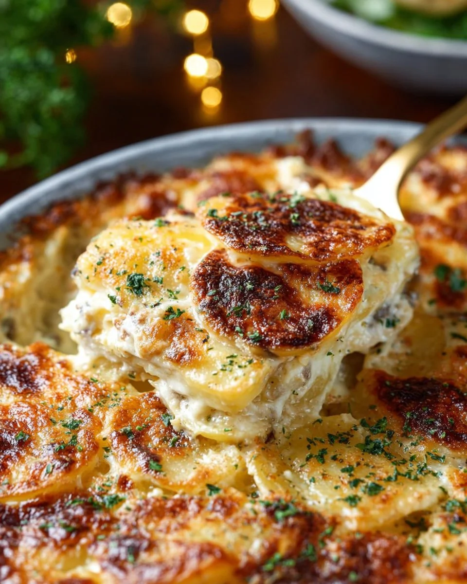 Delicious Parmesan scalloped potatoes with ham in a baking dish