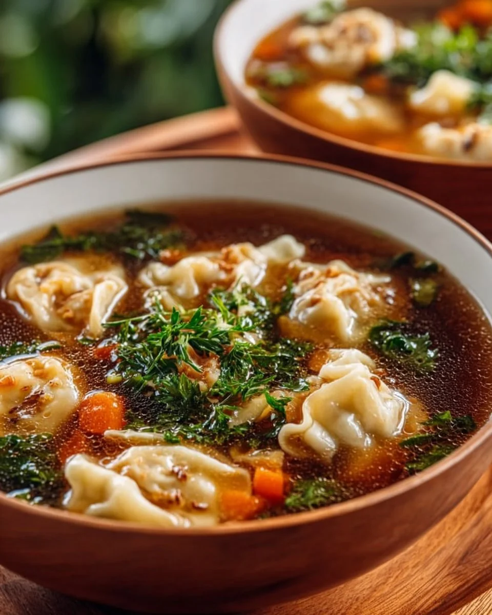 Bowl of homemade Potsticker Soup garnished with herbs