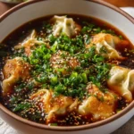 Bowl of flavorful Potsticker Soup with dumplings and fresh vegetables