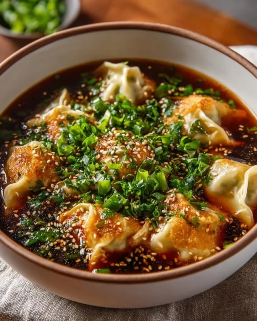 Bowl of flavorful Potsticker Soup with dumplings and fresh vegetables