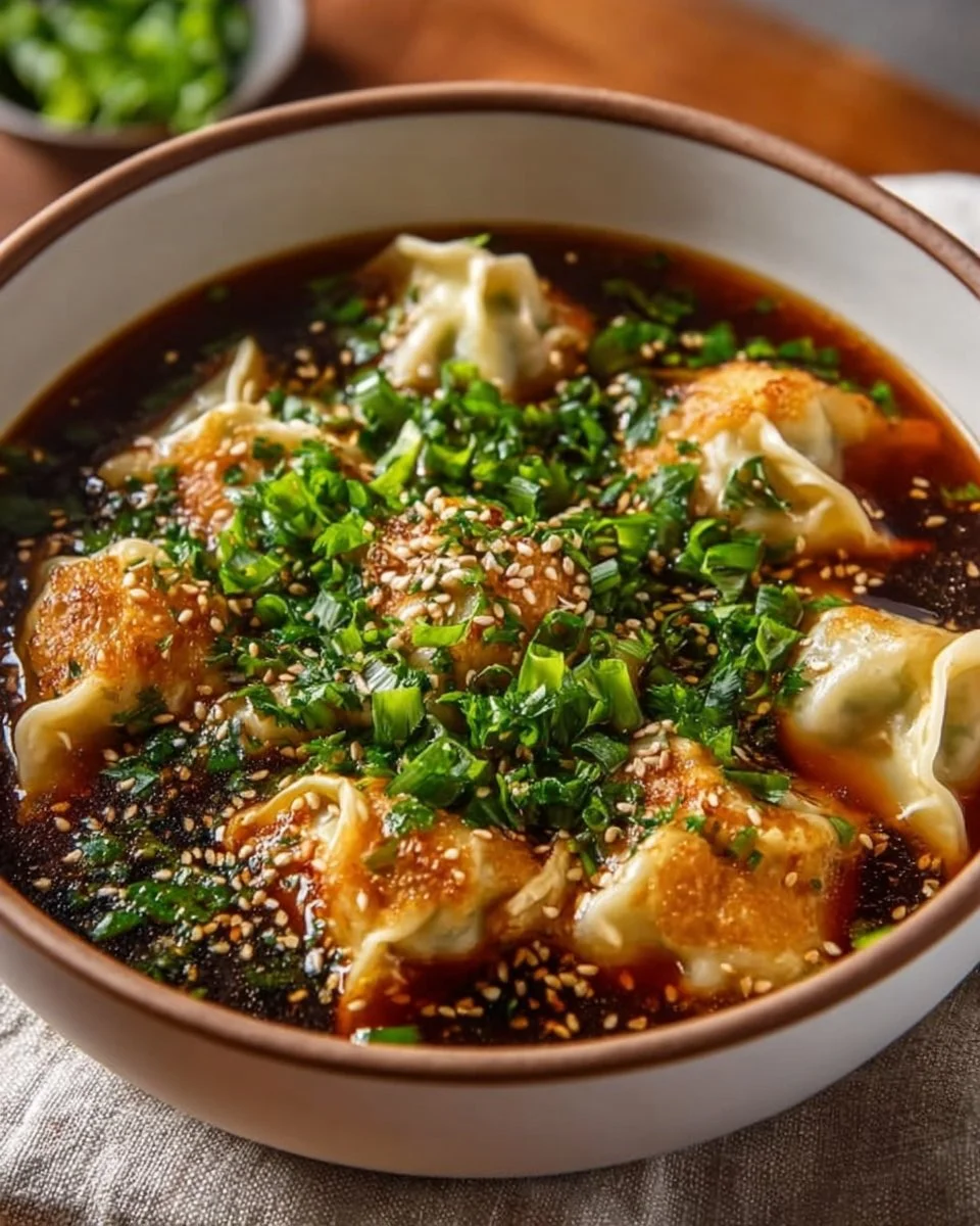 Bowl of flavorful Potsticker Soup with dumplings and fresh vegetables