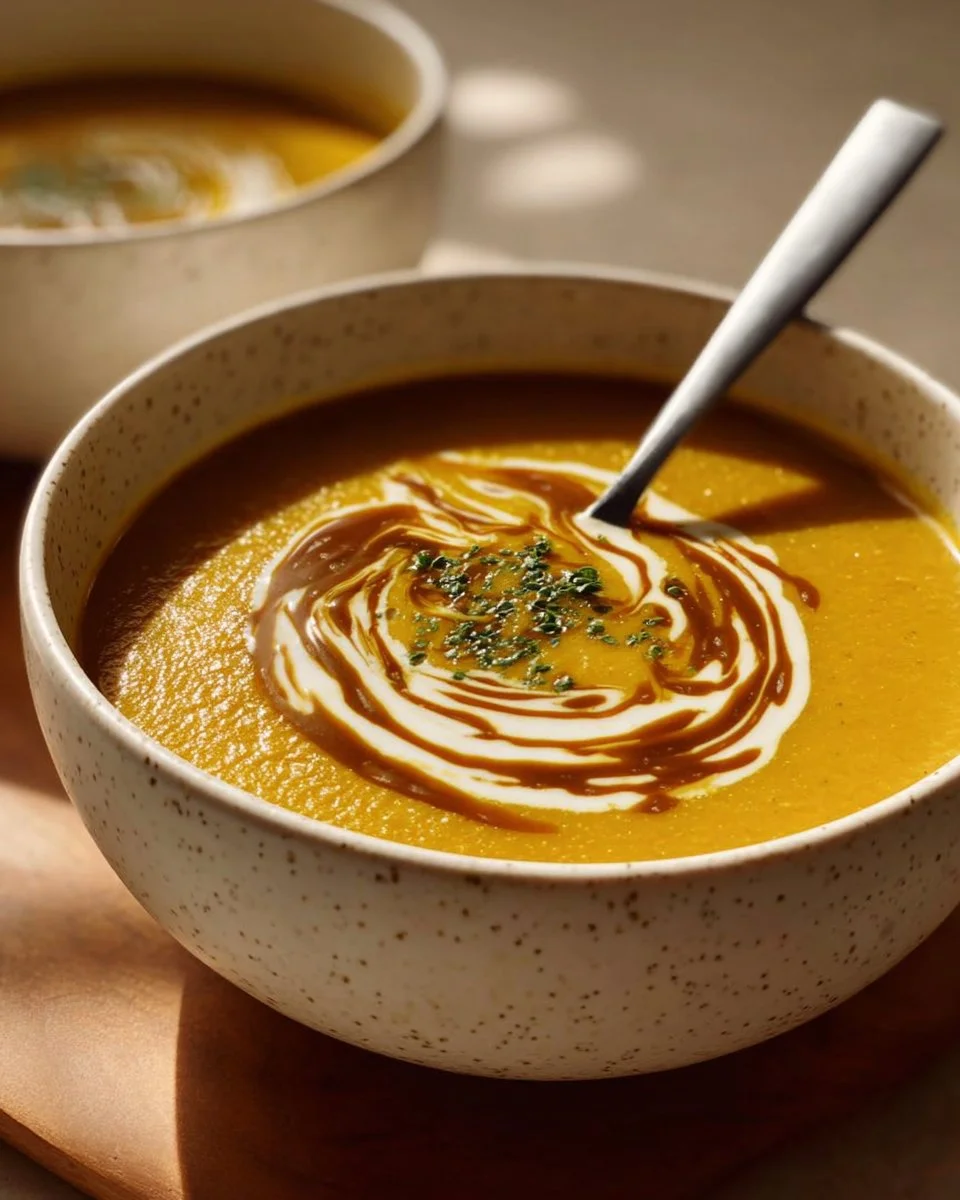Bowl of creamy Roasted Feta Soup garnished with herbs and spices
