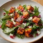 Roasted harissa butternut squash salad topped with feta cheese and greens