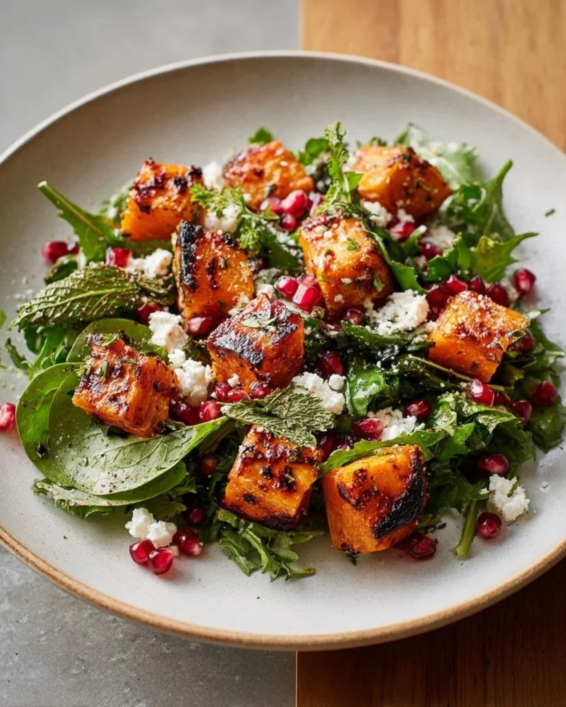 Roasted harissa butternut squash salad topped with feta cheese and greens