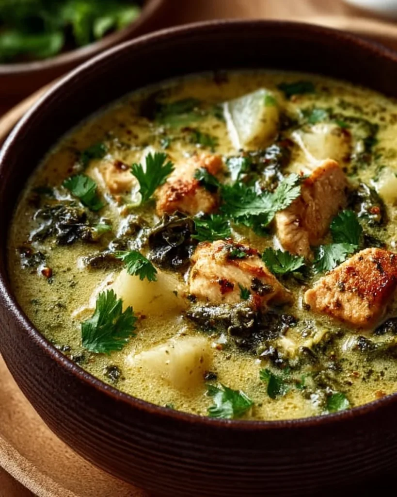A bowl of creamy roasted poblano soup topped with fresh herbs.