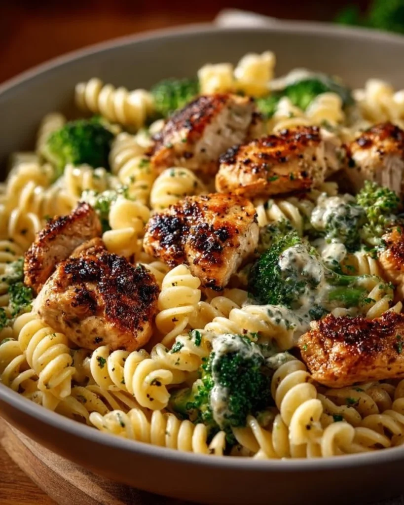 Rotisserie chicken broccoli pasta dish with fresh ingredients in a bowl
