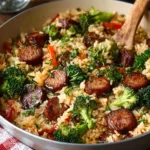 Delicious sausage rice skillet dish with fresh vegetables and herbs