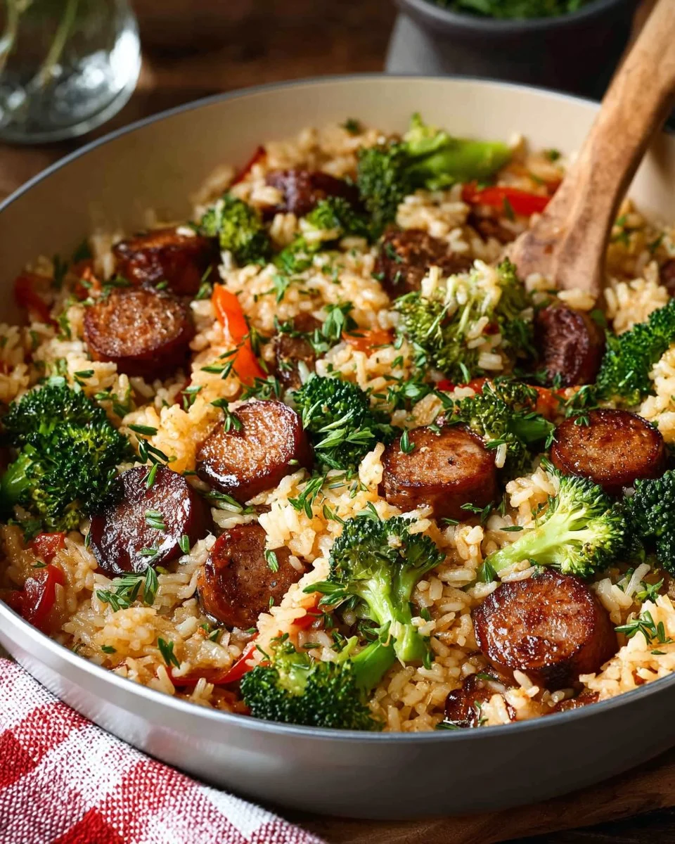 Delicious sausage rice skillet dish with fresh vegetables and herbs