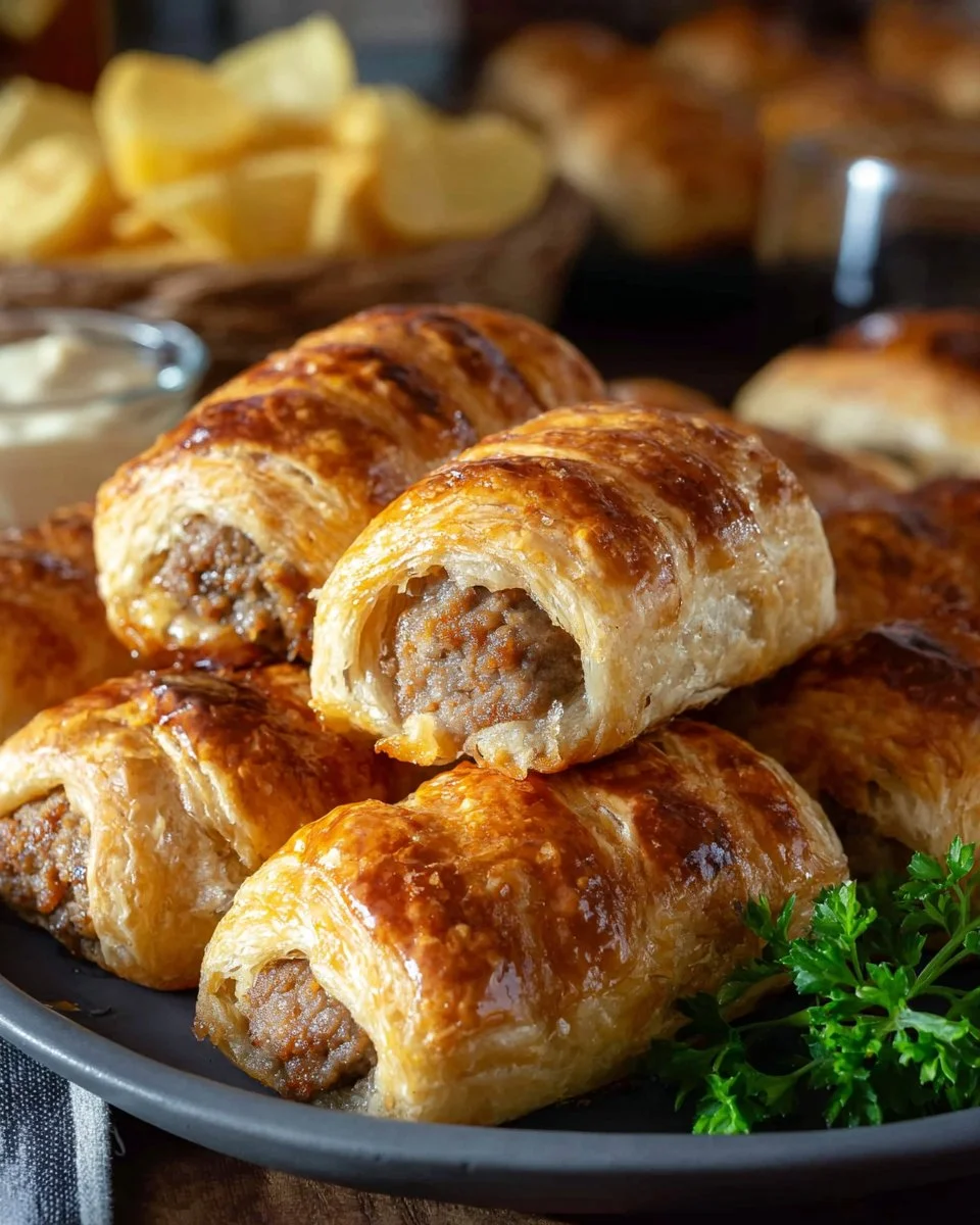 Golden sausage rolls served with honey mustard sauce on a platter.