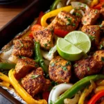 Sheet pan fajitas with chicken and colorful peppers on a baking tray