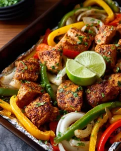 Sheet pan fajitas with chicken and colorful peppers on a baking tray
