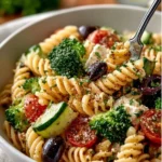 Simple high protein pasta salad with colorful vegetables and dressing