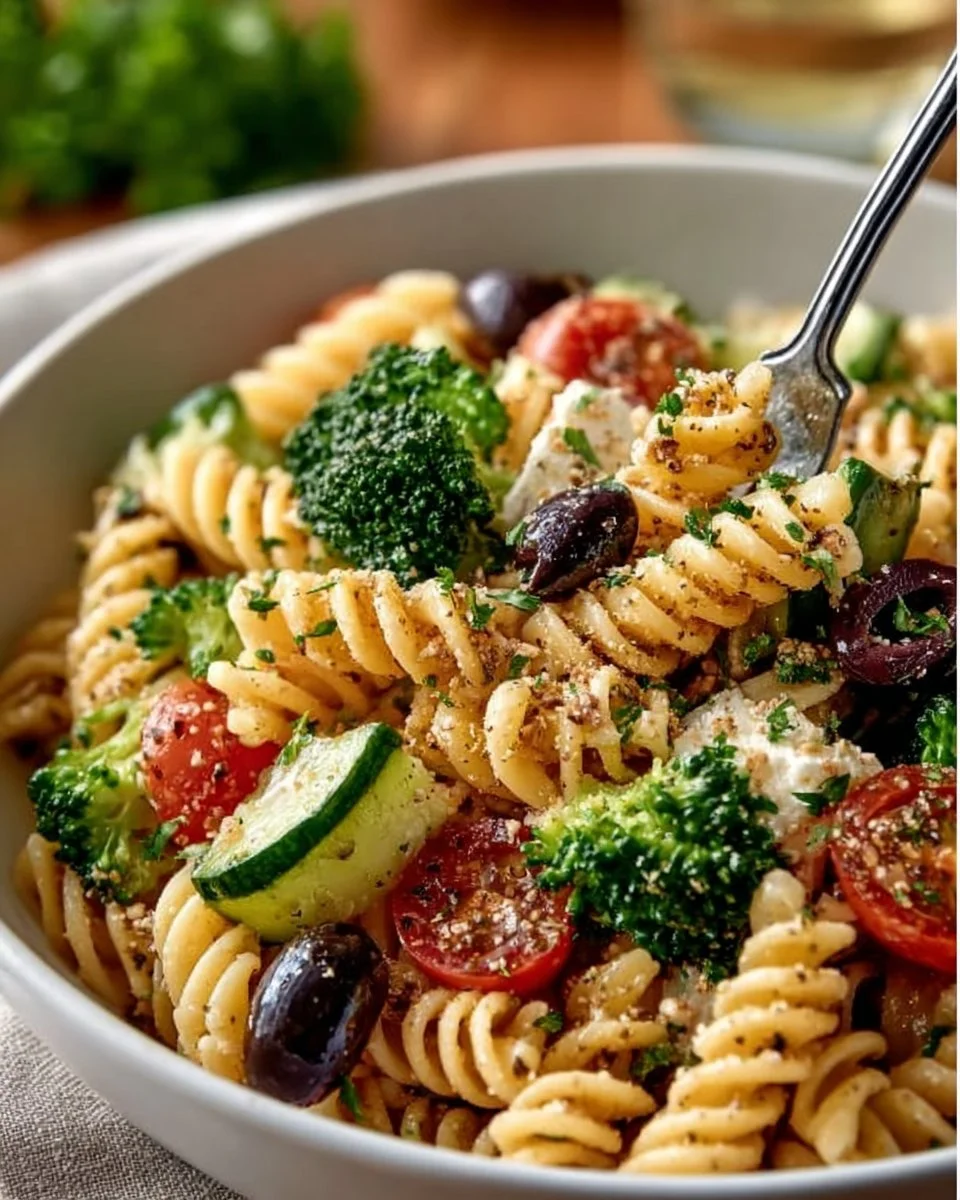 Simple high protein pasta salad with colorful vegetables and dressing
