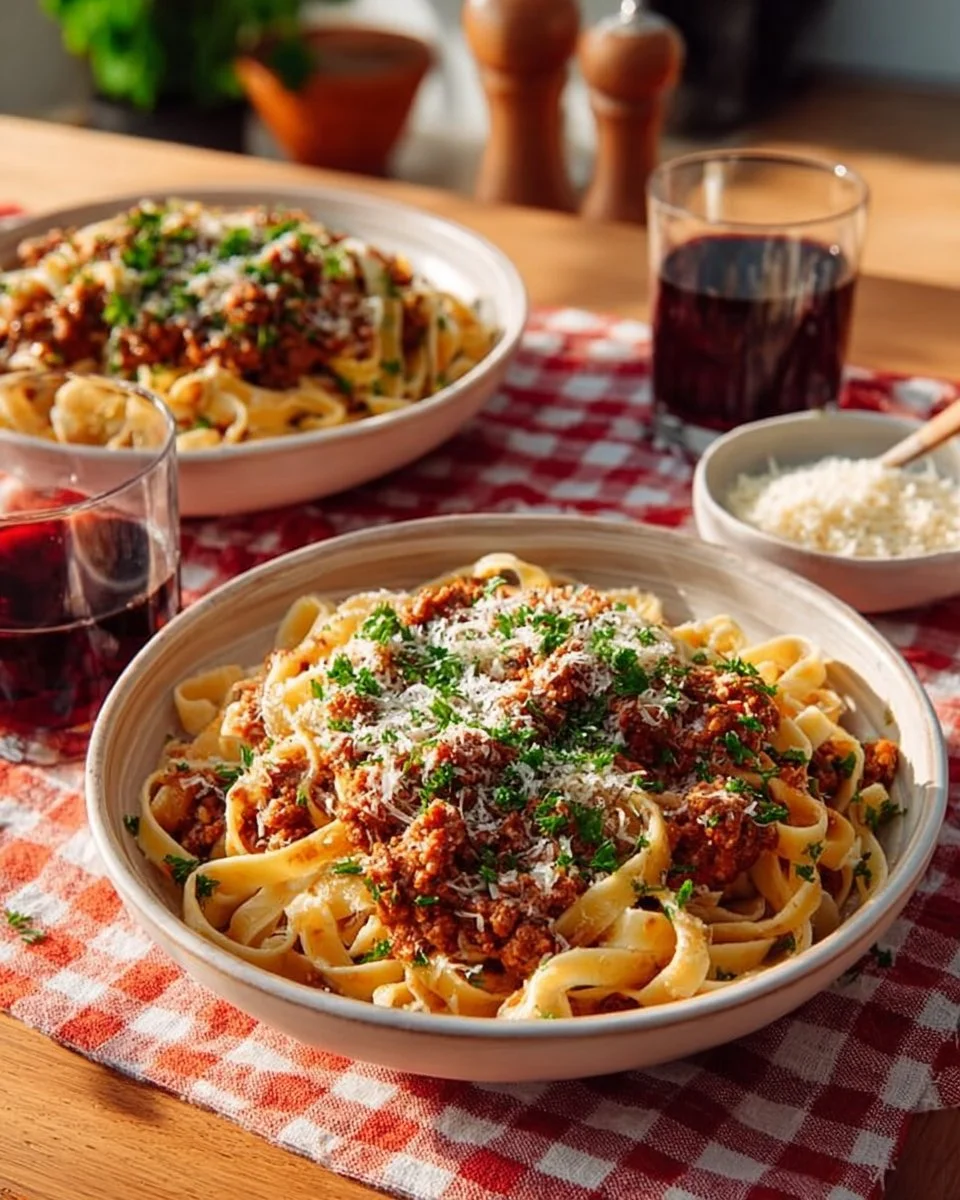 Delicious slow cooker spaghetti bolognese served on a plate with herbs and parmesan.