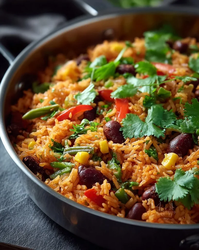 Spicy Mexican rice and beans served in a bowl, garnished with fresh cilantro.