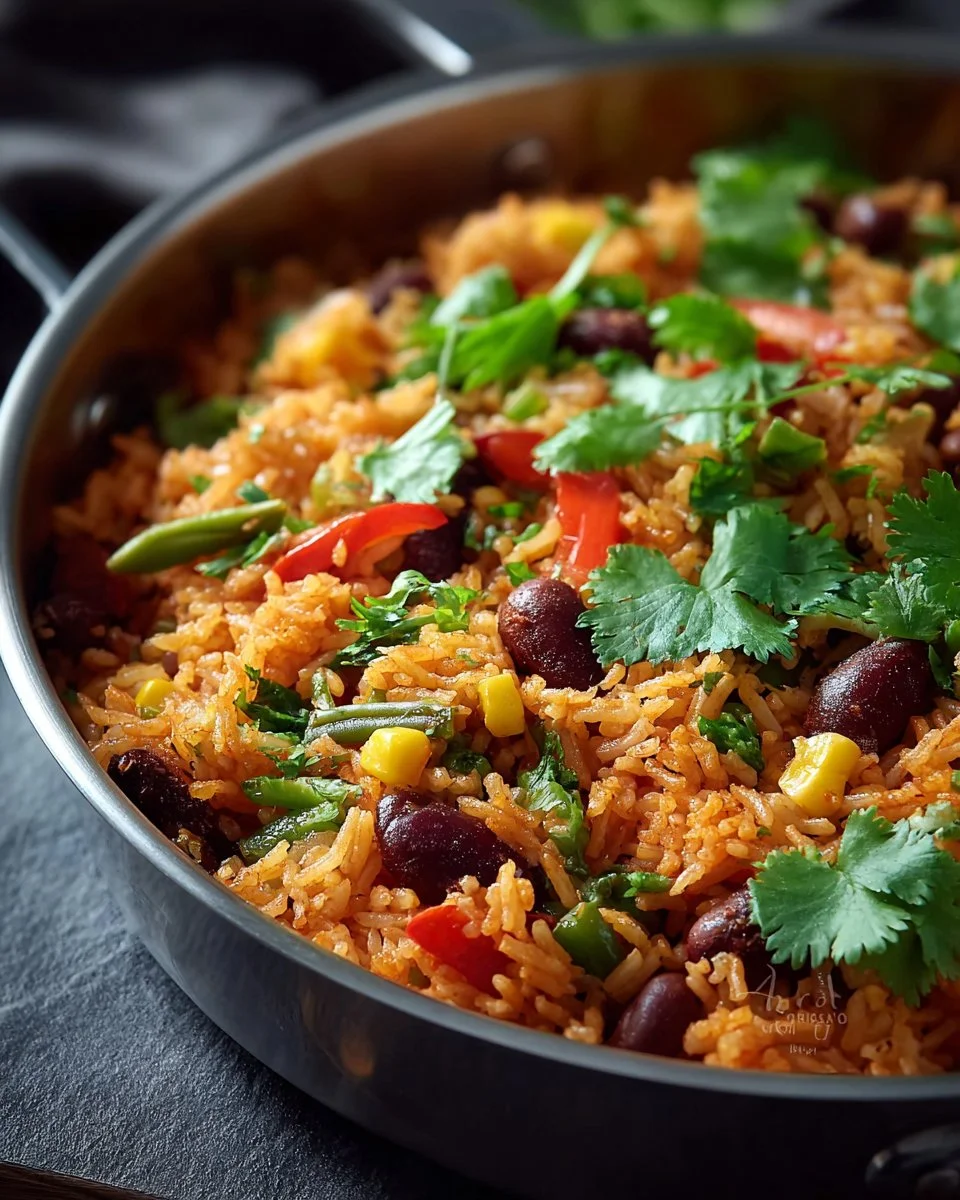 Spicy Mexican rice and beans served in a bowl, garnished with fresh cilantro.