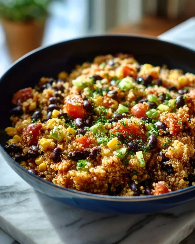 Spicy one-pot Mexican quinoa dish with vibrant ingredients and spices.