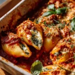 Spinach Ricotta Stuffed Shells ready to be served on a plate