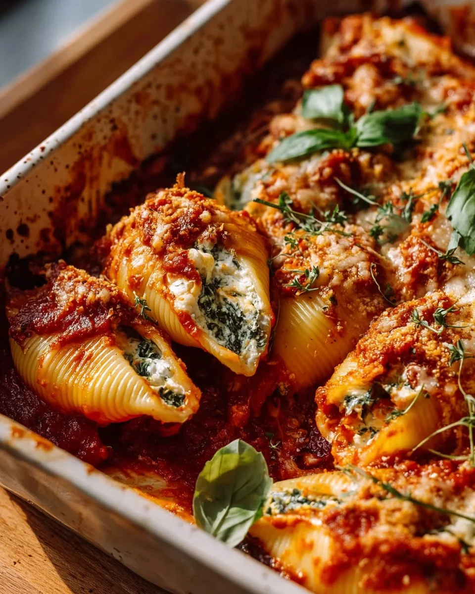 Spinach Ricotta Stuffed Shells ready to be served on a plate