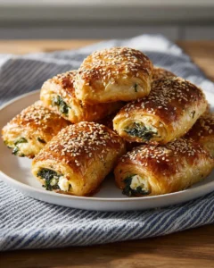 Spinach rolls with puff pastry on a rustic wooden table.
