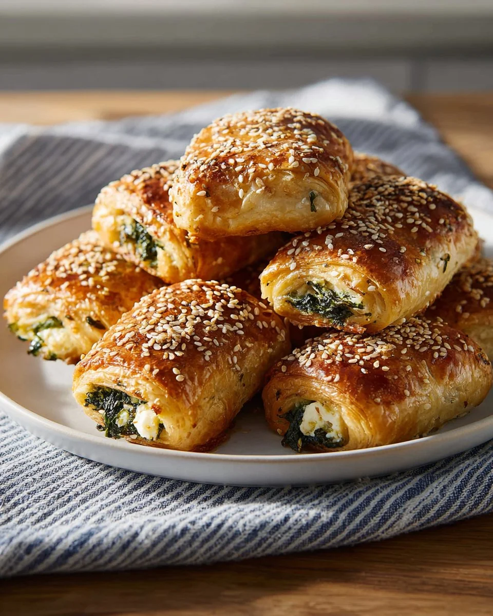 Spinach rolls with puff pastry on a rustic wooden table.