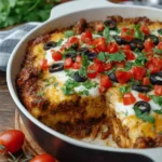 Delicious taco lasagna layered with ground beef, cheese, and taco toppings