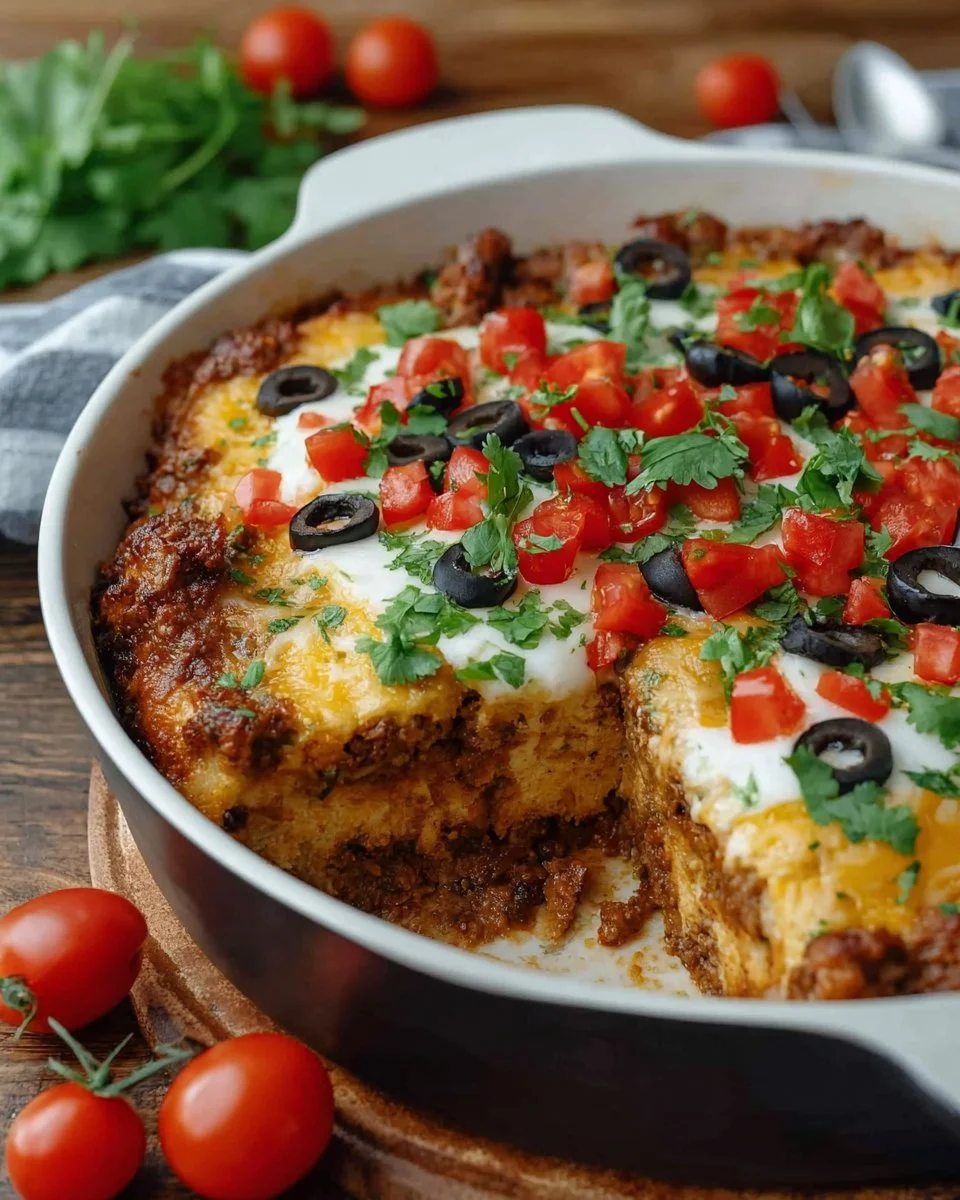 Delicious taco lasagna layered with ground beef, cheese, and taco toppings