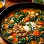 Bowl of Tuscan White Bean Soup garnished with herbs and served with crusty bread