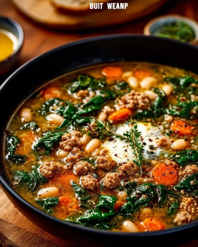 Bowl of Tuscan White Bean Soup garnished with herbs and served with crusty bread