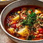 Bowl of Vegetable Orzo Soup with colorful vegetables and orzo pasta