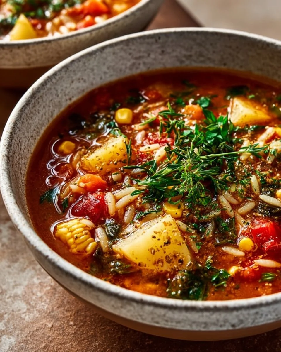 Bowl of Vegetable Orzo Soup with colorful vegetables and orzo pasta