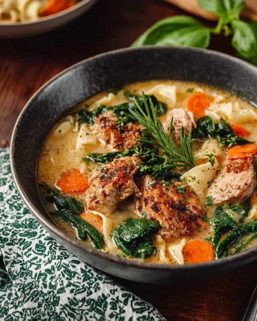 Creamy white lasagna soup with chicken served in a bowl