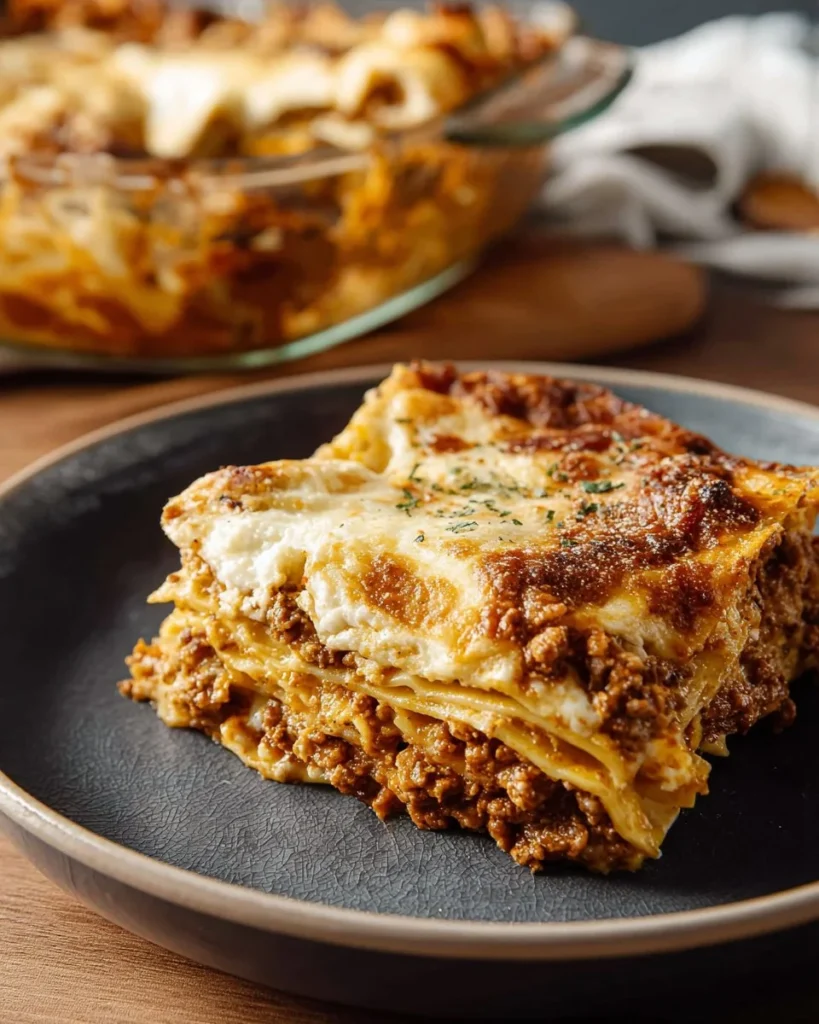 Delicious authentic Italian lasagna with layers of pasta, cheese, and meat sauce