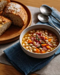 Bowl of basic ham and bean soup garnished with herbs on a wooden table.