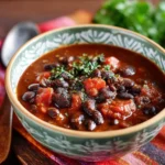 Bowl of black bean and ham soup garnished with fresh herbs.