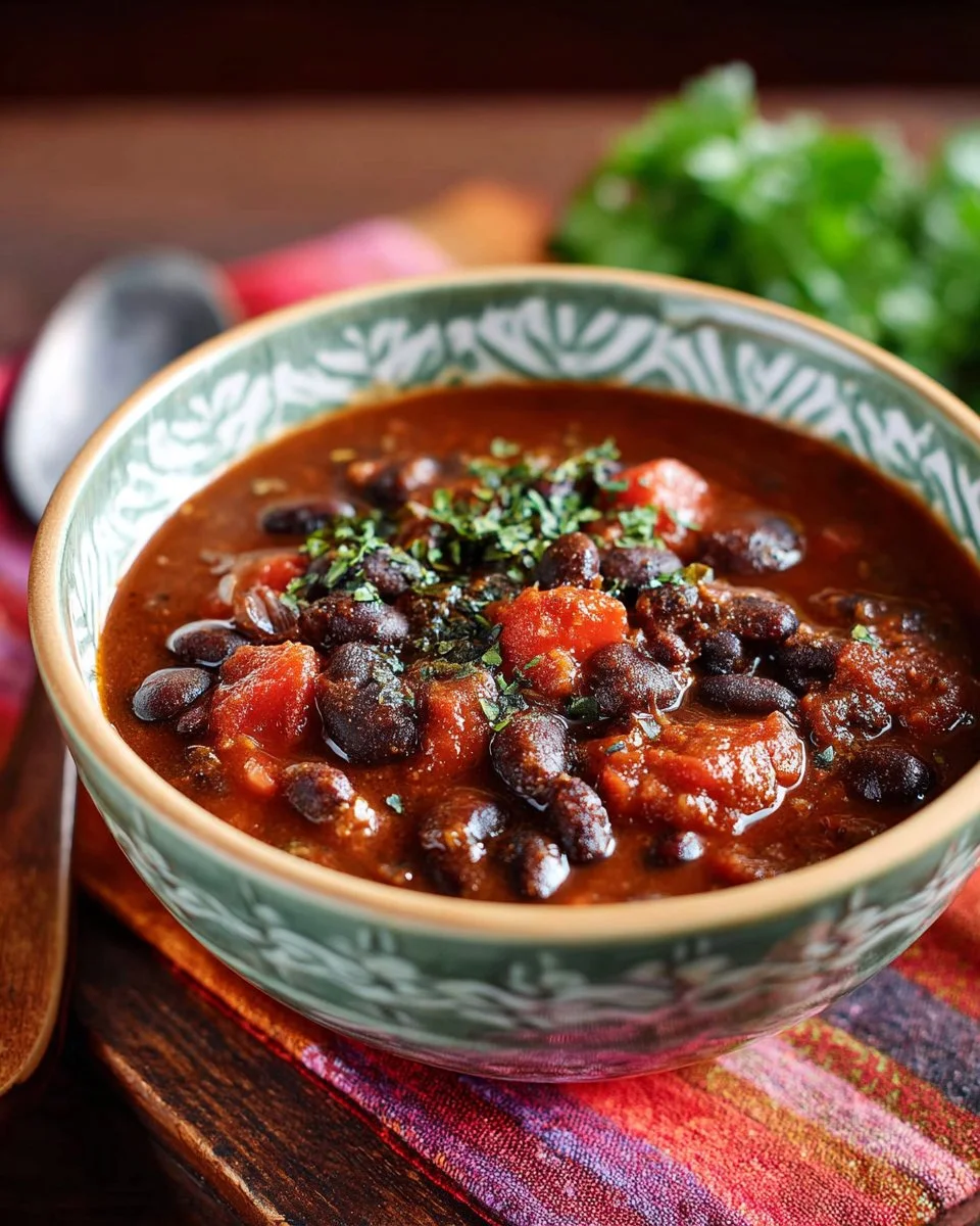 Bowl of black bean and ham soup garnished with fresh herbs.