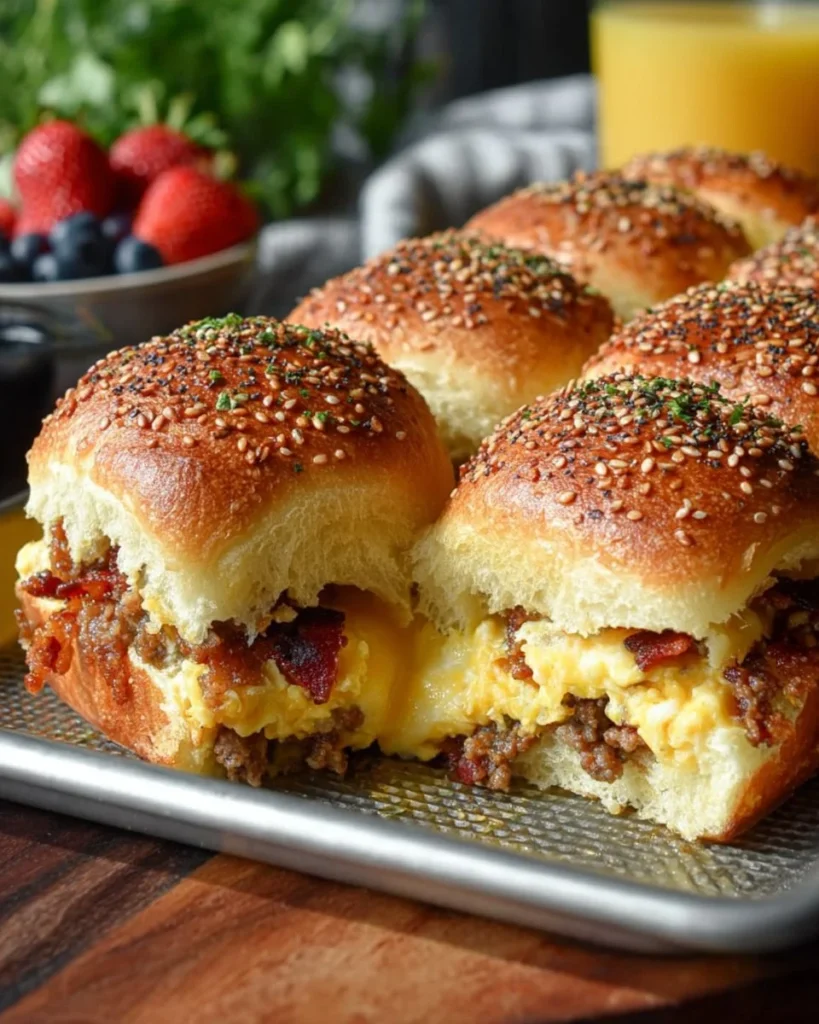 A plate of breakfast sliders featuring eggs, cheese, and bacon on mini buns.