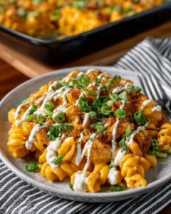 Delicious Buffalo Chicken Casserole served in a baking dish