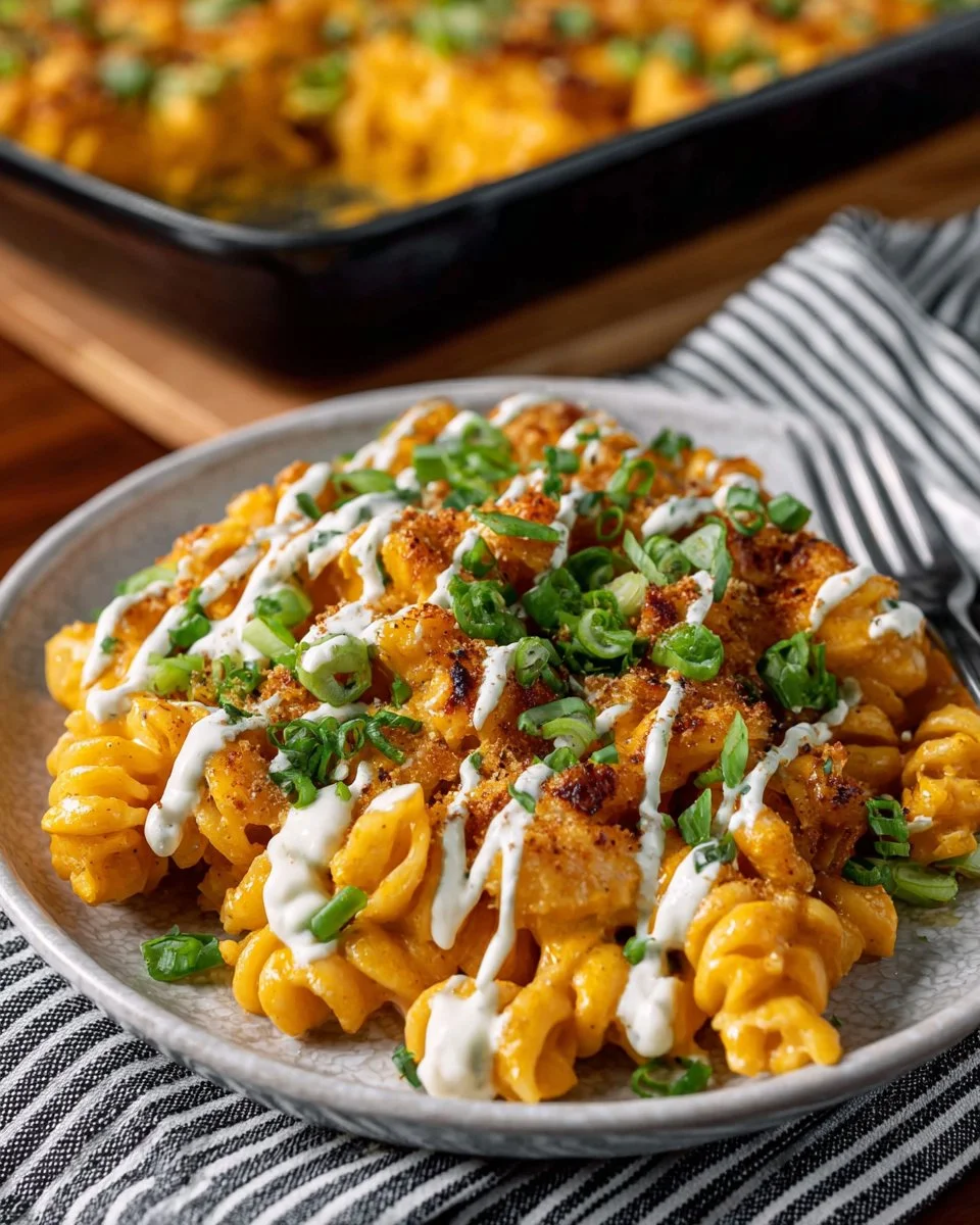 Delicious Buffalo Chicken Casserole served in a baking dish