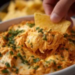 Bowl of creamy Buffalo Chicken Dip with tortilla chips