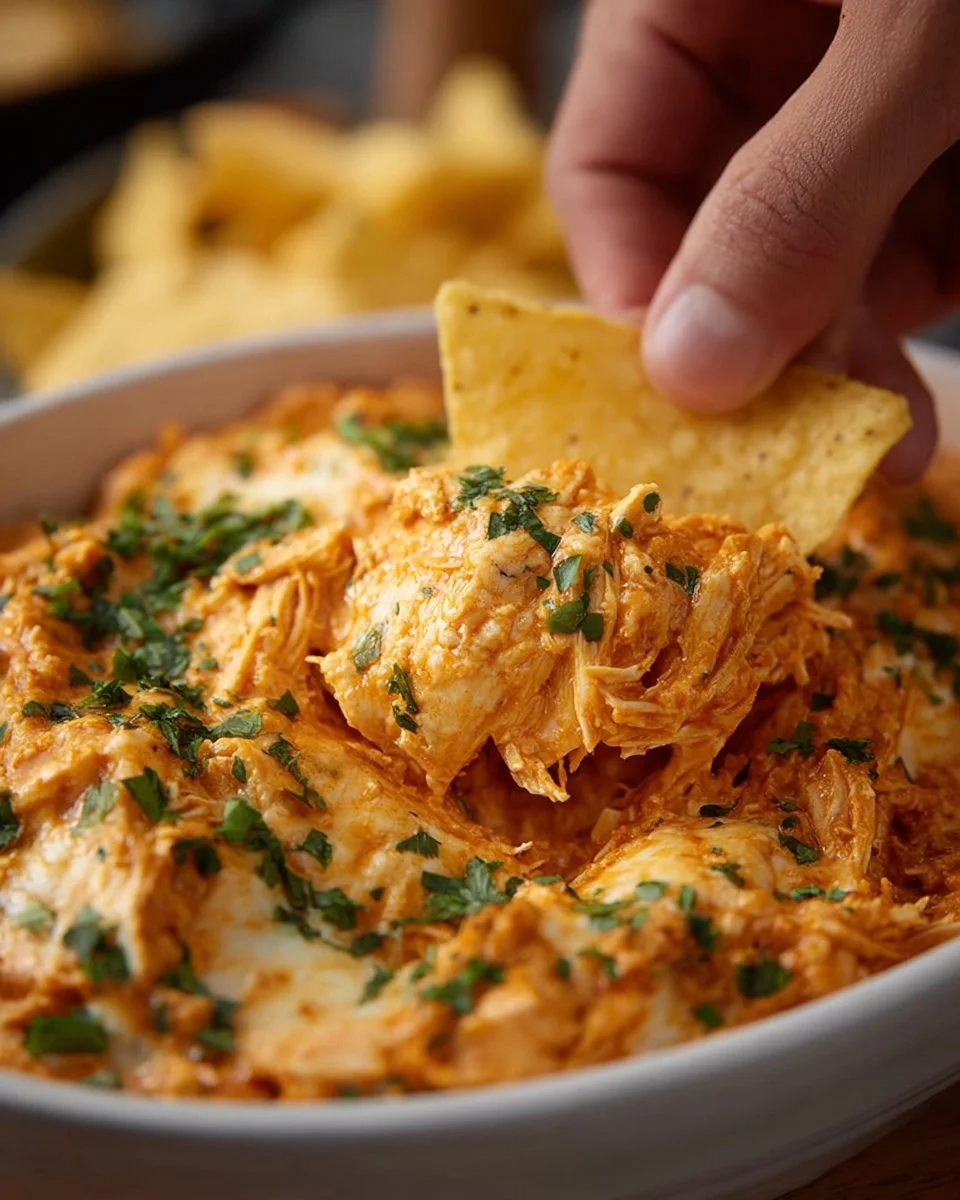 Bowl of creamy Buffalo Chicken Dip with tortilla chips