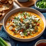 A bowl of spicy Buffalo Chicken Soup garnished with green onions and cheese.