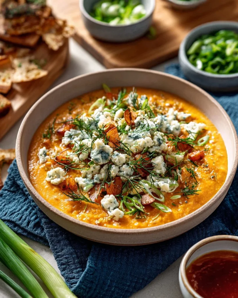 A bowl of spicy Buffalo Chicken Soup garnished with green onions and cheese.