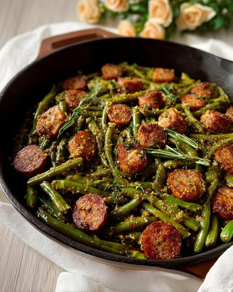 Cajun smothered green beans with sausage served in a bowl