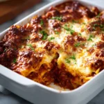 Cheesy beef lasagna with layers of pasta, meat, and melted cheese
