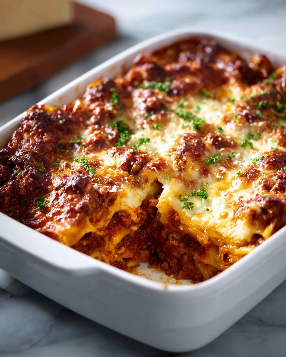 Cheesy beef lasagna with layers of pasta, meat, and melted cheese